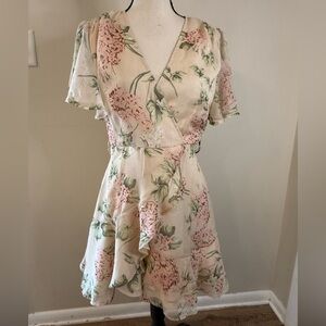 Selfie Leslie Cream Floral Wrap Midi Dress with Pink & Green